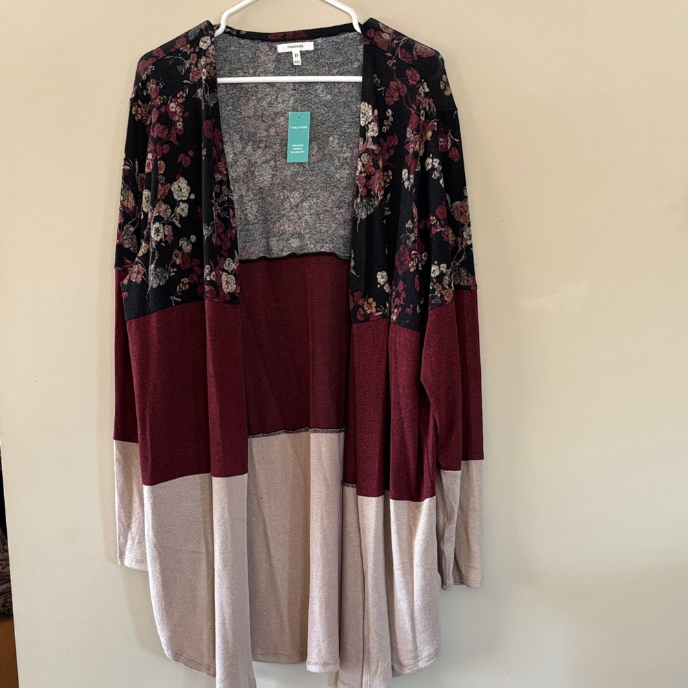 Maurices Burgundy and Cream Floral Cardigan
